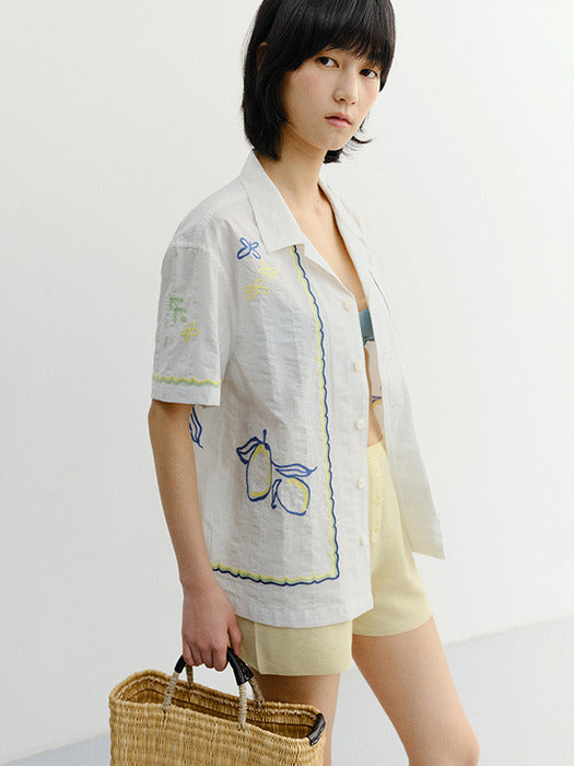 Dunst Unisex Hand-Drawing Open Collared Shirt Lemon Garden