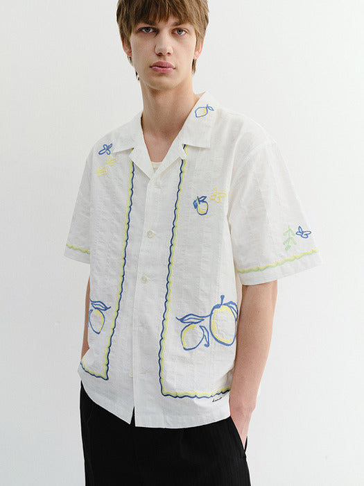 Dunst Unisex Hand-Drawing Open Collared Shirt Lemon Garden