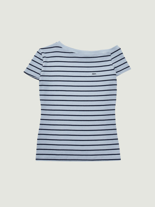 Grove 26Ss Sera Stripe Off-Shoulder T-Shirt (Blue)