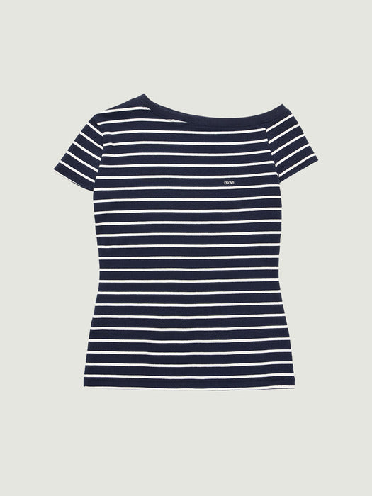 Grove 26Ss Sera Stripe Off-Shoulder T-Shirt (Navy)