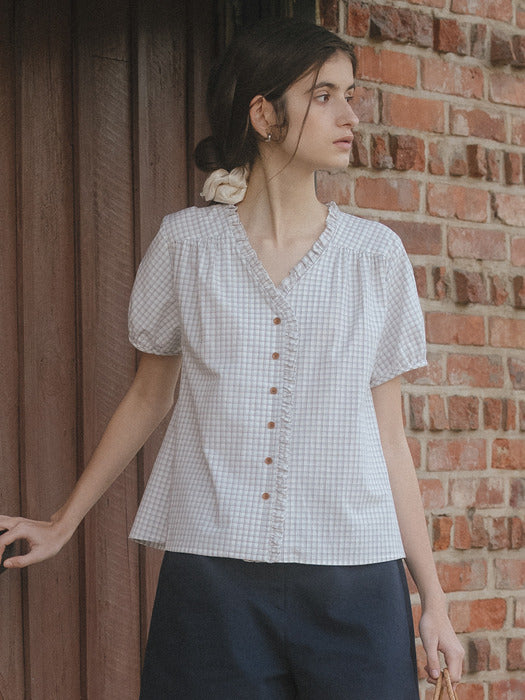 Tillidie Check frill blouse Ivory