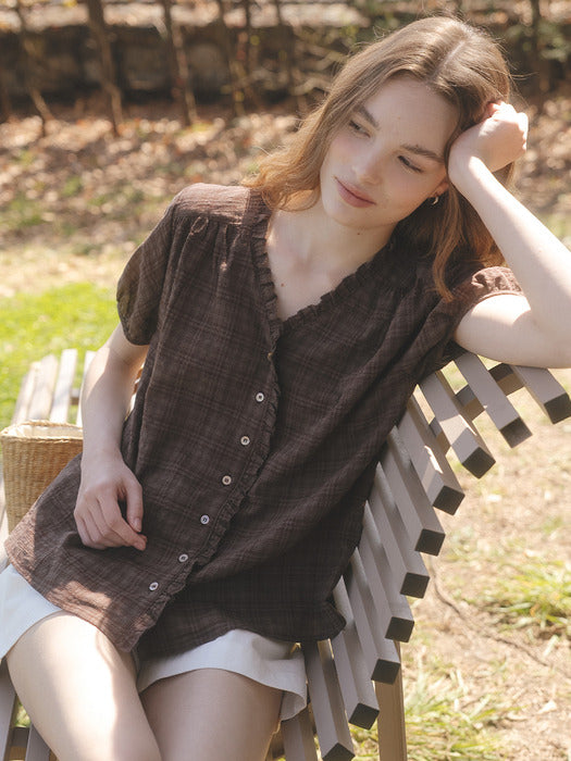 Tillidie Check frill V-neck blouse Brown