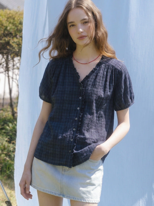 Tillidie Check frill V-neck blouse Navy