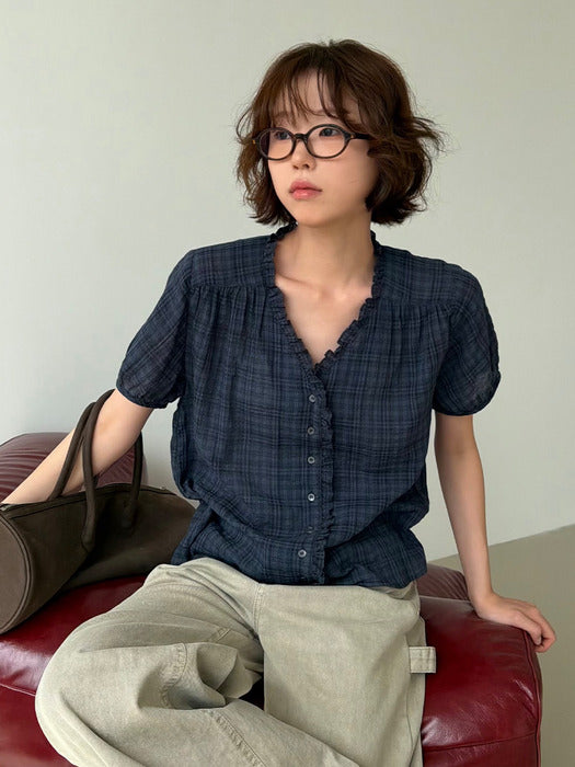 Tillidie Check Frill V-neck Blouse Navy