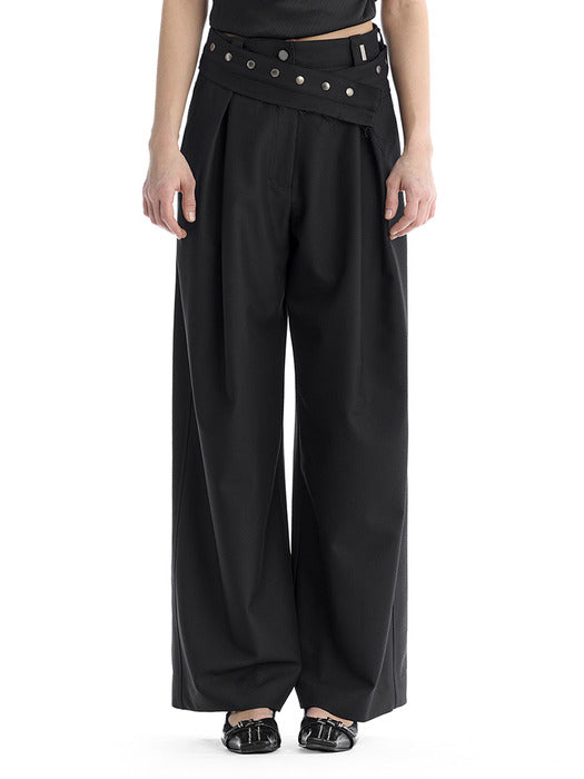 Wconcept_Treemingbird Removable Snap Belt Pleated Pants [ Black ]
