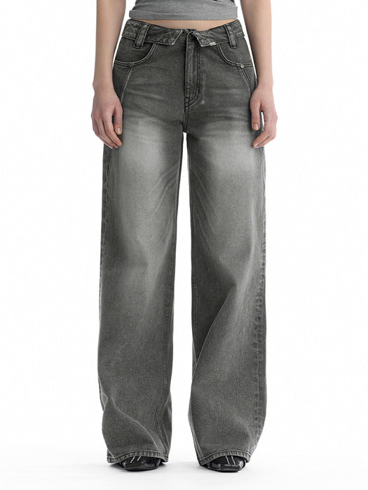 Treemingbird Folded Waistband Low-Rise Denim Pants Gray