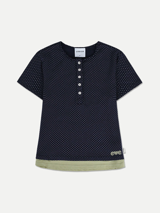 Ambler Botton Dot Layered Cotton T-Shirt Crop T-Shirts (Navy)