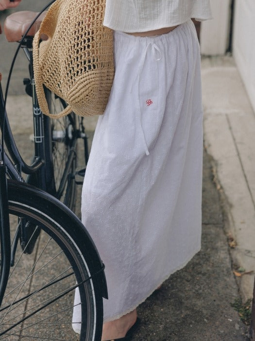 Wconcept_Depound flower lace shirring long skirt - white
