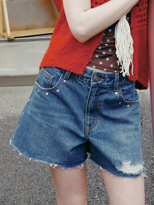 Raive Stud Point Half Denim Pants