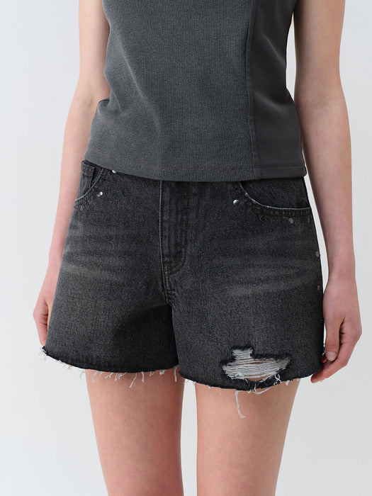 Raive Stud Point Half Denim Pants