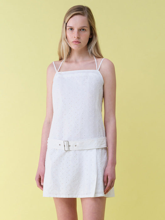 Raive Embroidery Belted Dress in White