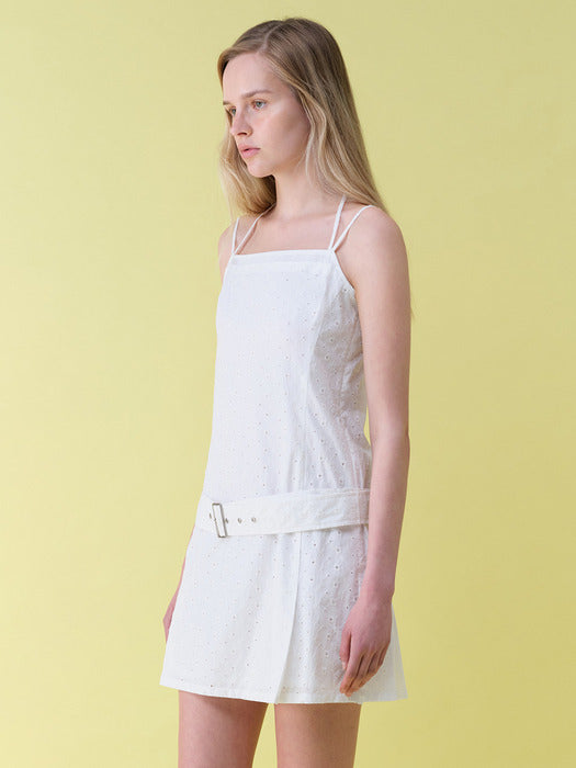 Raive Embroidery Belted Dress in White