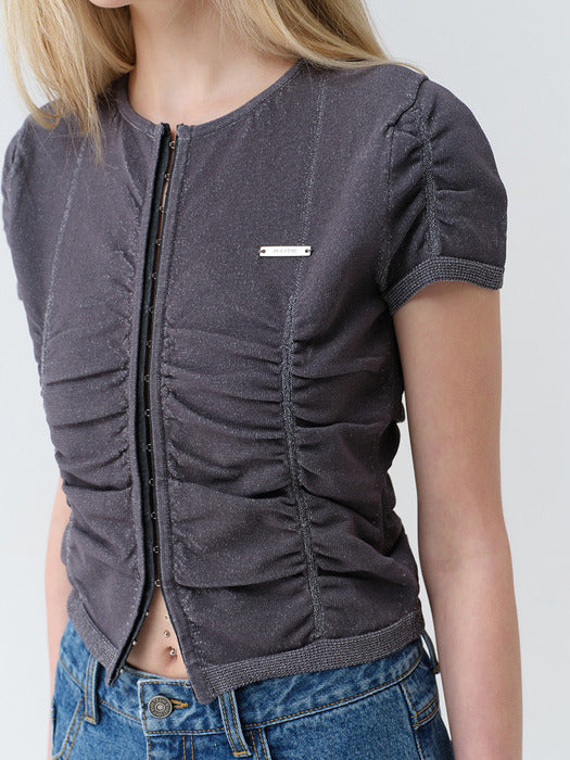 Raive Hook-Front Shirring Knit Cardigan