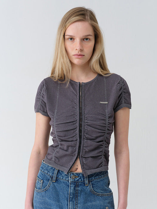 Raive Hook-Front Shirring Knit Cardigan