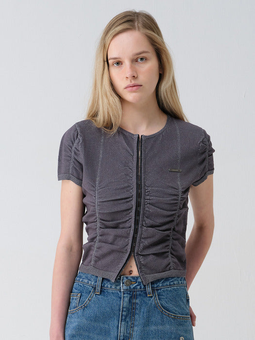 Raive Hook-Front Shirring Knit Cardigan