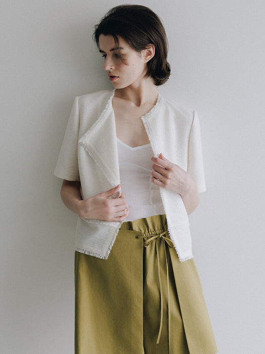 Loeuvre Fringed Short Sleeve Tweed Jacket
