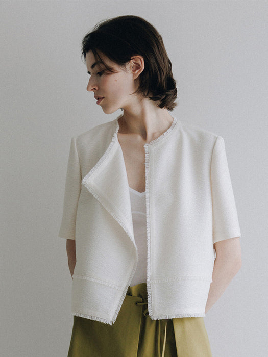 Loeuvre Fringed Short Sleeve Tweed Jacket