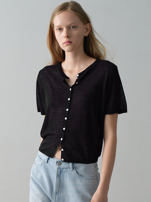 Facade Pattern Linen Crop Cardigan navy