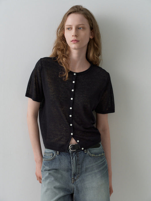 Facade Pattern Linen Crop Cardigan navy
