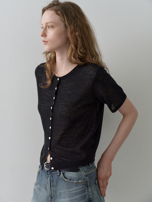 Facade Pattern Linen Crop Cardigan navy
