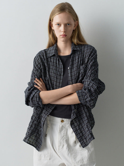 Facade Pattern Vintage Wrinkle Check Shirt navy