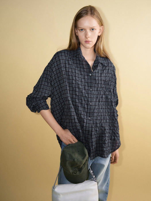 Facade Pattern Vintage Wrinkle Check Shirt navy