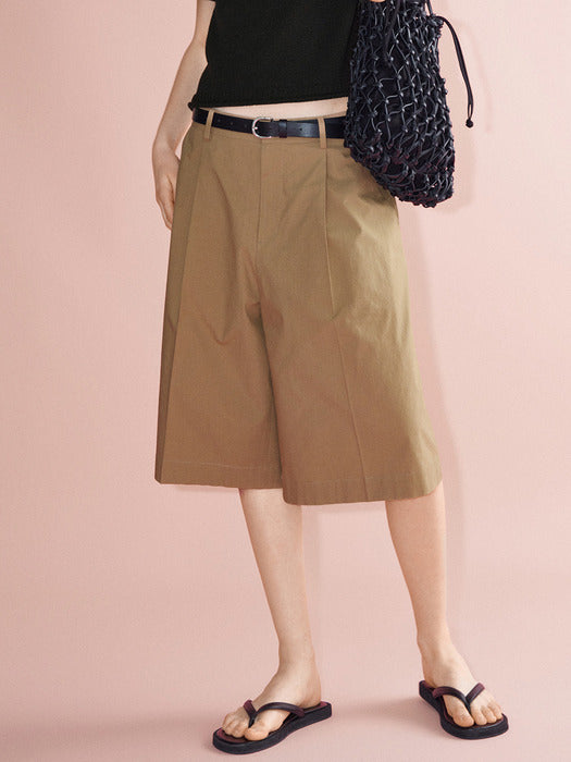 Facade Pattern Vintage Cotton Wide Bermuda Pants almond beige