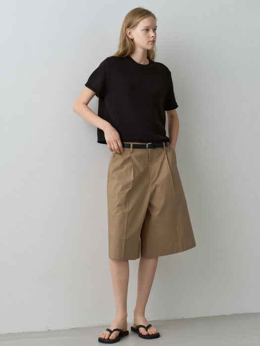 Facade Pattern Vintage Cotton Wide Bermuda Pants almond beige