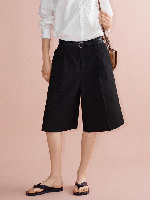 Facade Pattern Vintage Cotton Wide Bermuda Pants black