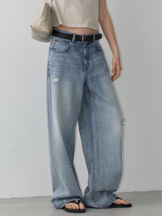Facade Pattern Destroyed Wide Denim faded wash