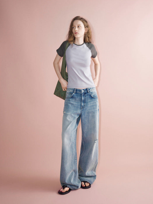 Facade Pattern Destroyed Wide Denim faded wash