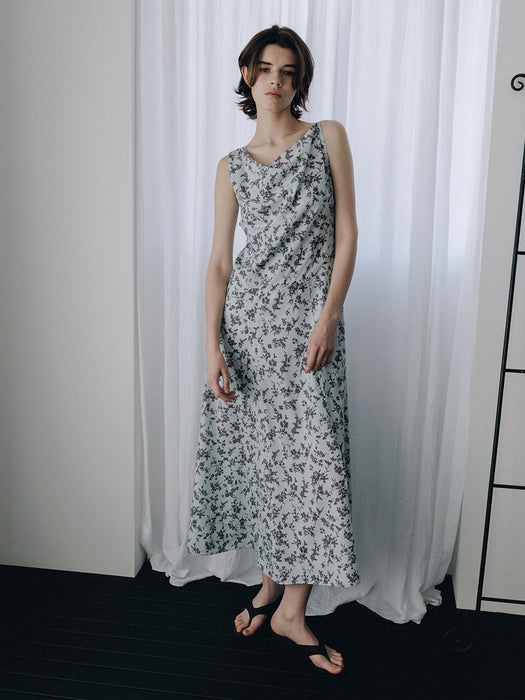 Loeuvre Asymmetric Cowl Sleeveless Flower Dress