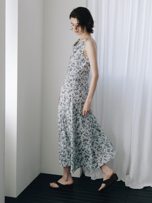 Loeuvre Asymmetric Cowl Sleeveless Flower Dress