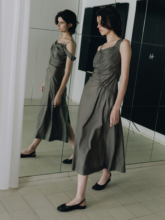Loeuvre Asymmetric Shirring Slip Dress