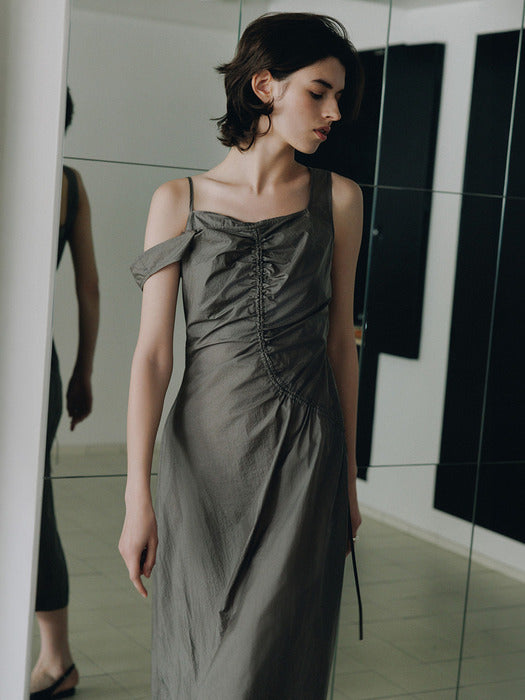 Loeuvre Asymmetric Shirring Slip Dress