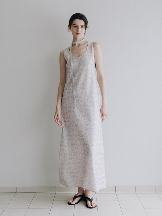 Loeuvre Slim Tie Flower Pattern Sleeveless Dress