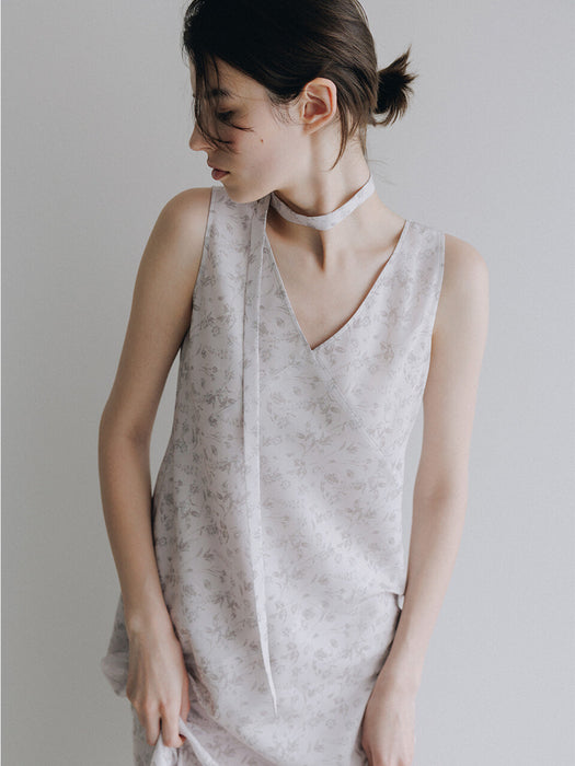 Loeuvre Slim Tie Flower Pattern Sleeveless Dress