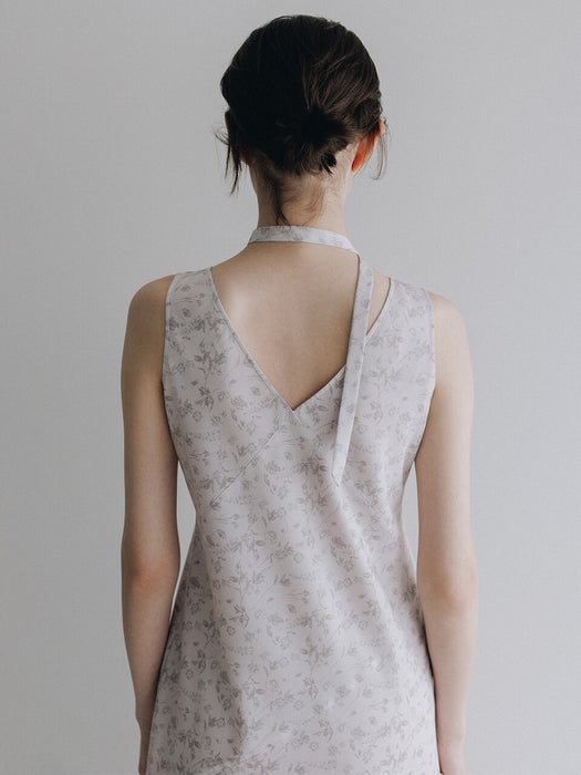 Loeuvre Slim Tie Flower Pattern Sleeveless Dress
