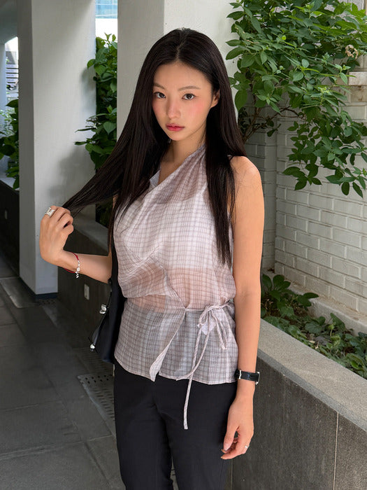 Loeuvre Check Sheer Draped Halter Top