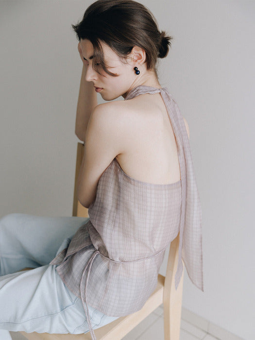 Loeuvre Check Sheer Draped Halter Top