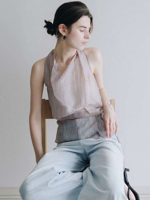 Loeuvre Check Sheer Draped Halter Top