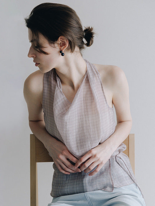 Loeuvre Check Sheer Draped Halter Top