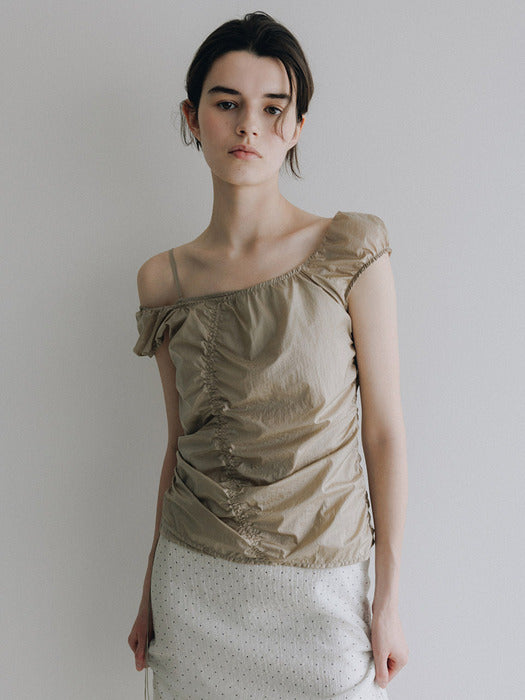 Loeuvre Asymmetric Shirring Off-Shoulder Top