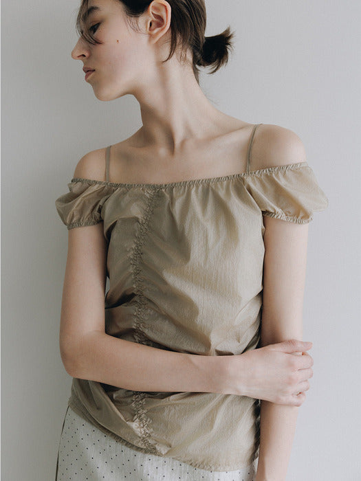 Loeuvre Asymmetric Shirring Off-Shoulder Top