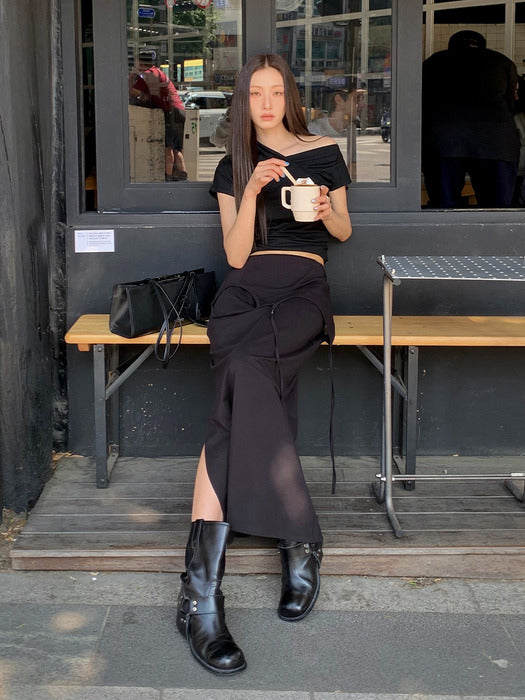 Wconcept_Treemingbird Double Layered Strap Maxi Skirt [ Black ]