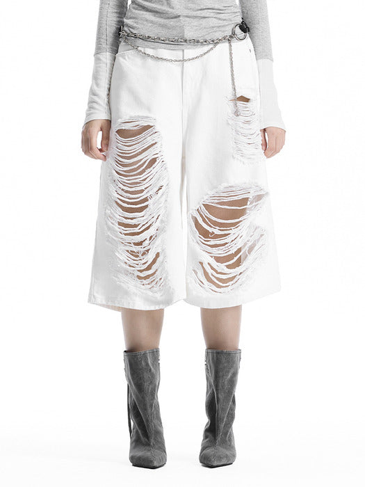 Wconcept_Treemingbird Scratch Damage Denim Shorts [ White ]