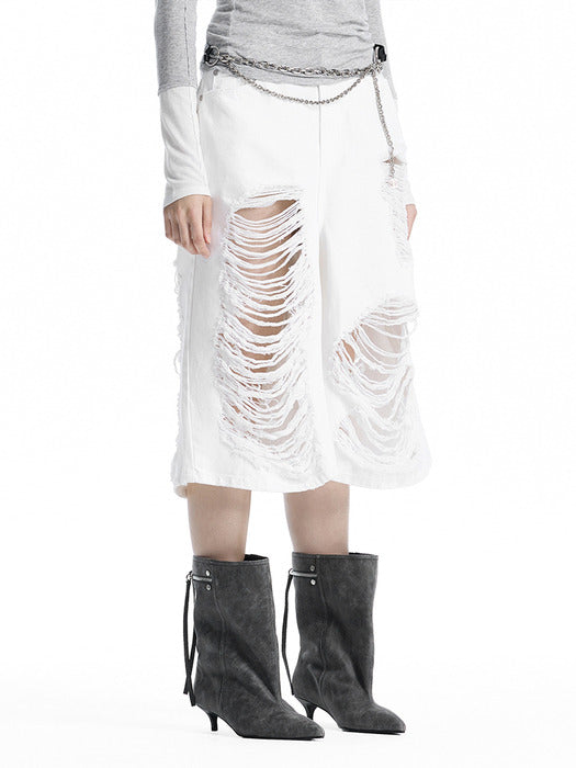 Wconcept_Treemingbird Scratch Damage Denim Shorts [ White ]