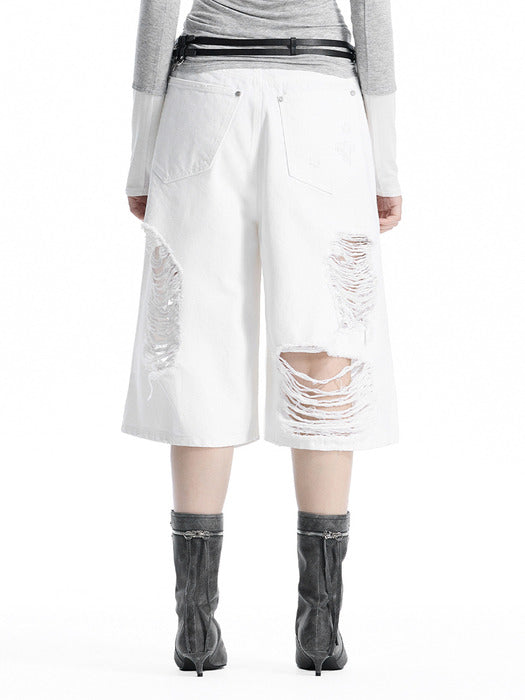 Wconcept_Treemingbird Scratch Damage Denim Shorts [ White ]