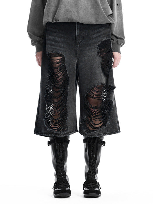 Wconcept_Treemingbird Scratch Damage Denim Shorts [ Black ]