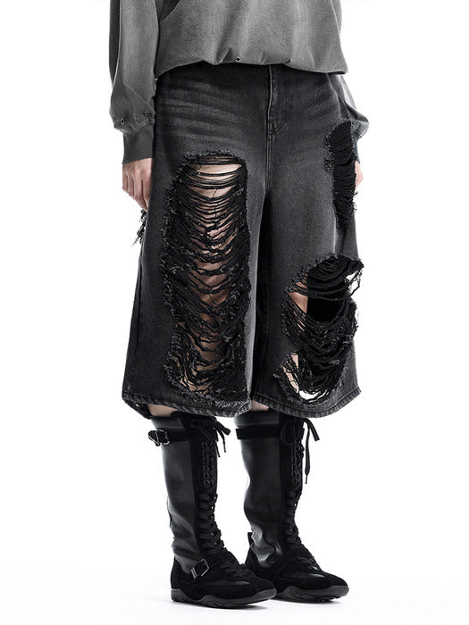 Wconcept_Treemingbird Scratch Damage Denim Shorts [ Black ]